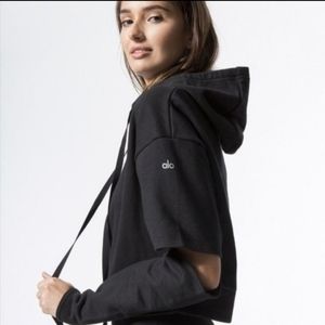 Alo Yoga Peak Cut Out Sleeve Black Cropped Hoodie Size Medium